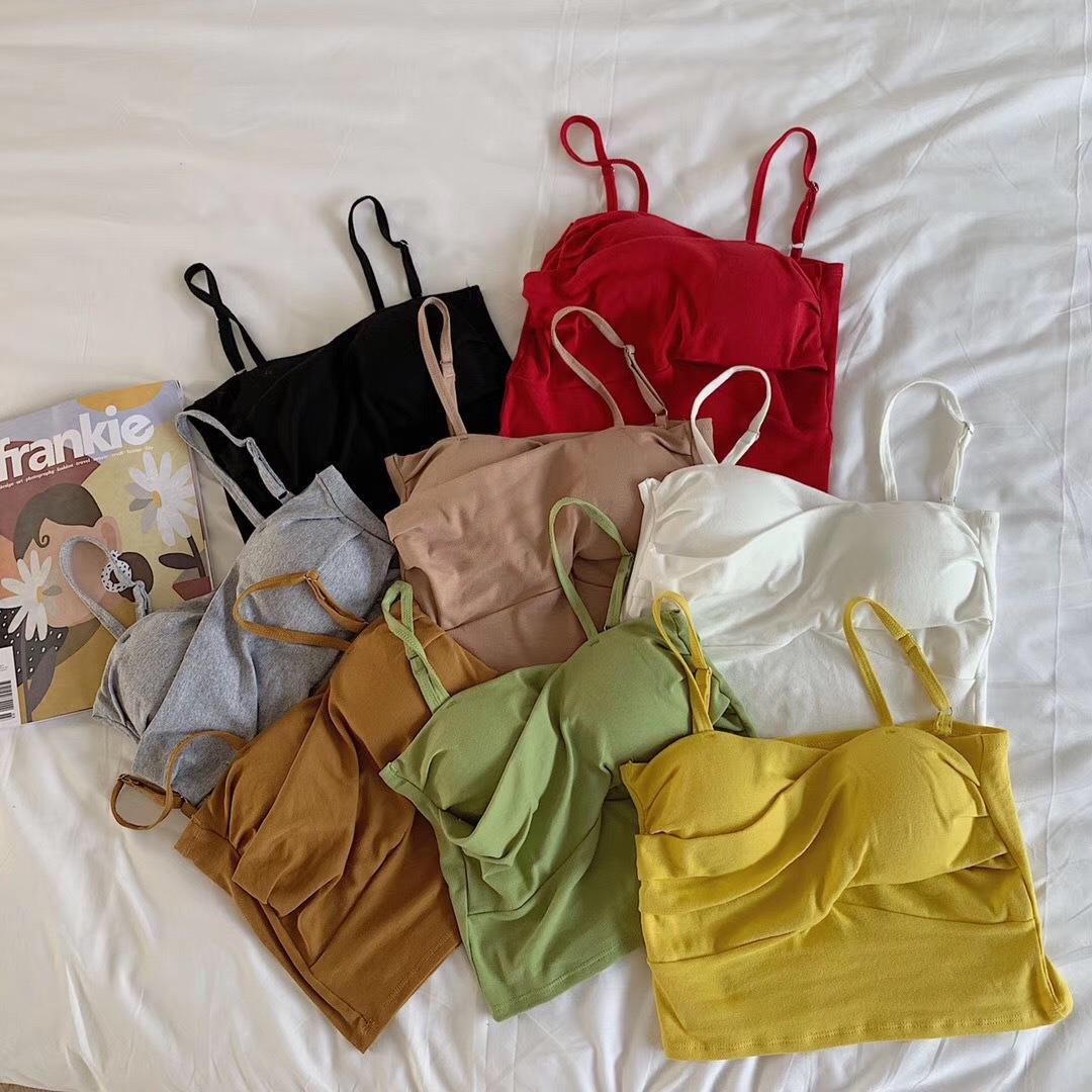 New cotton thread camisole solid color with chest pads FD - Image 3