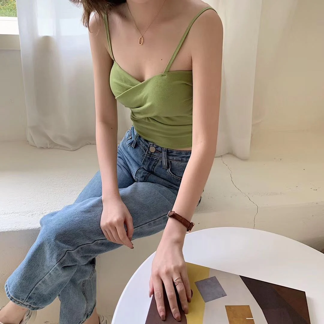 New cotton thread camisole solid color with chest pads FD - Image 35