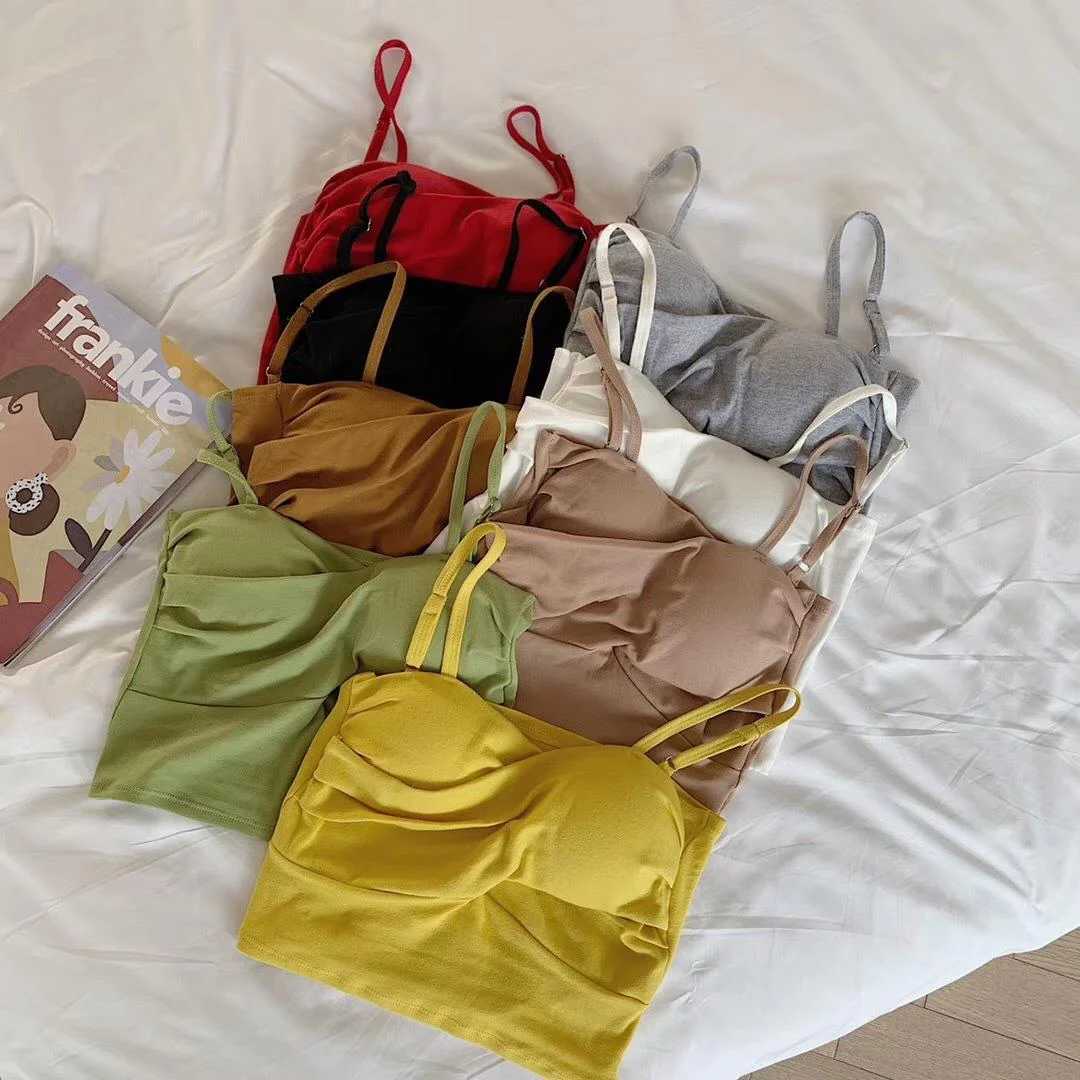 New cotton thread camisole solid color with chest pads FD - Image 4