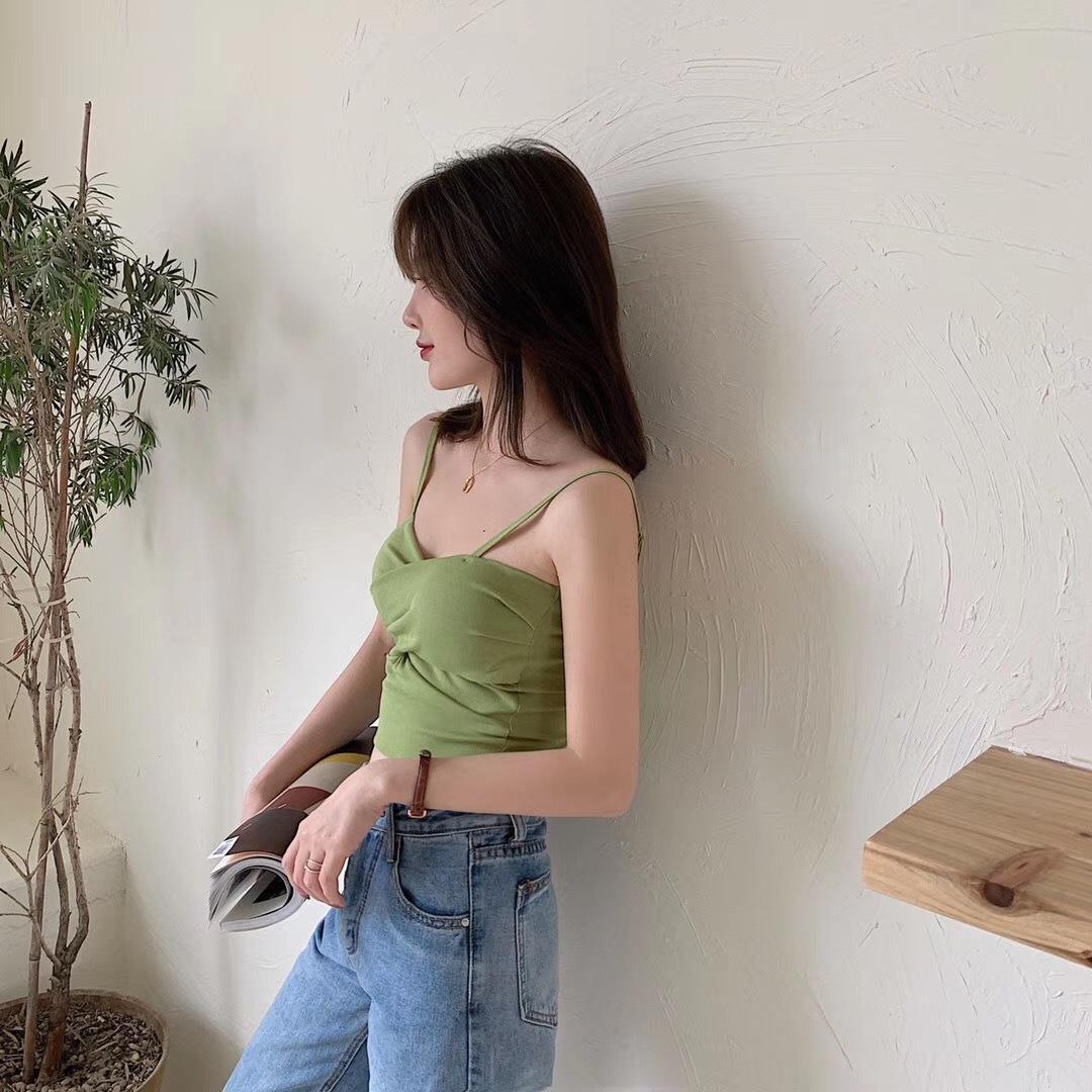 New cotton thread camisole solid color with chest pads FD - Image 40