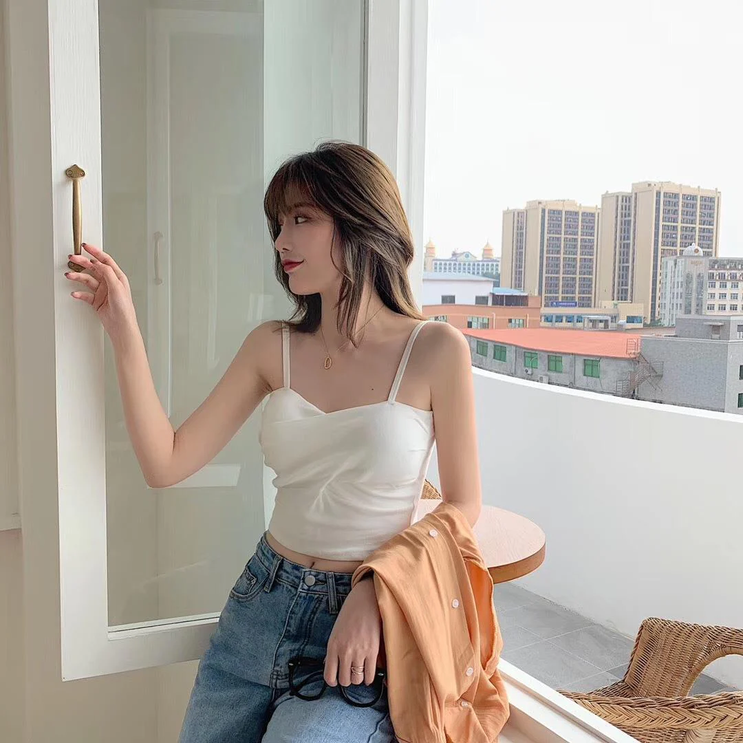 New cotton thread camisole solid color with chest pads FD - Image 42