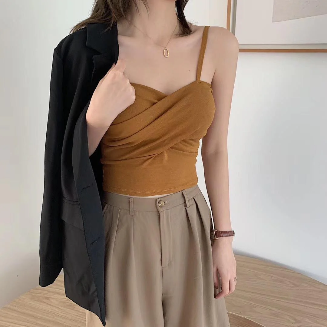 New cotton thread camisole solid color with chest pads FD - Image 55