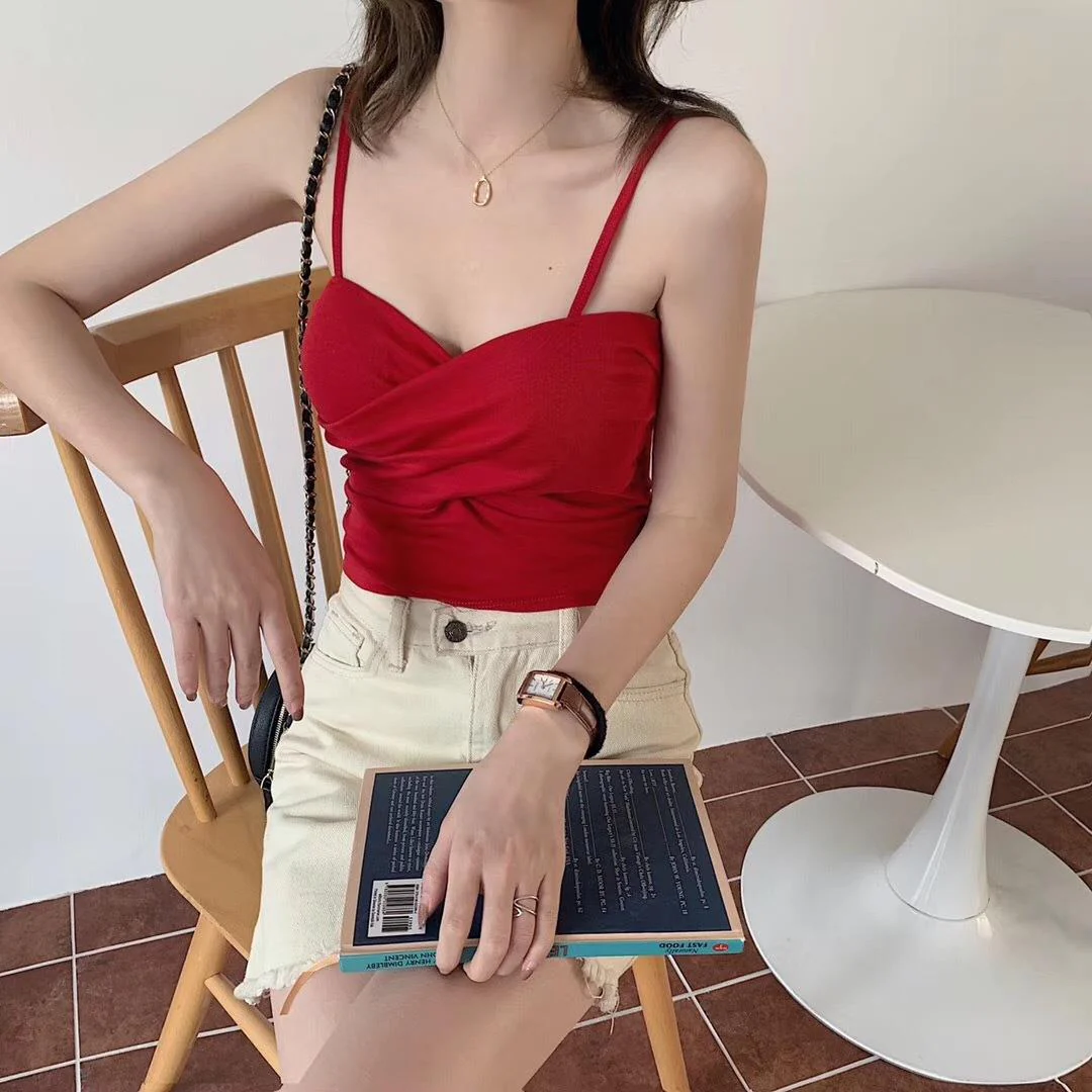 New cotton thread camisole solid color with chest pads FD - Image 63