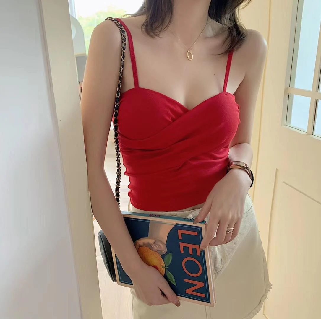 New cotton thread camisole solid color with chest pads FD - Image 67