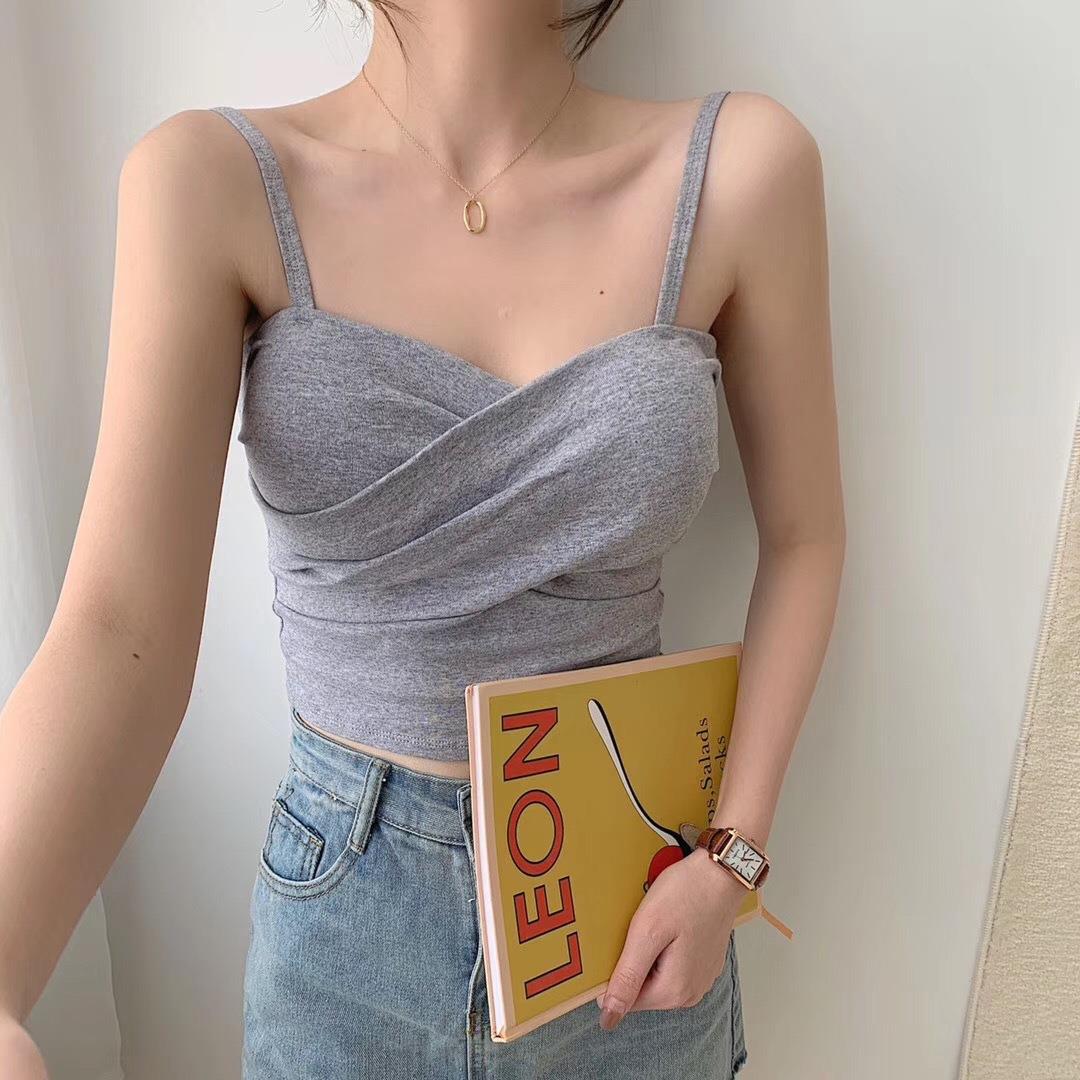 New cotton thread camisole solid color with chest pads FD - Image 7