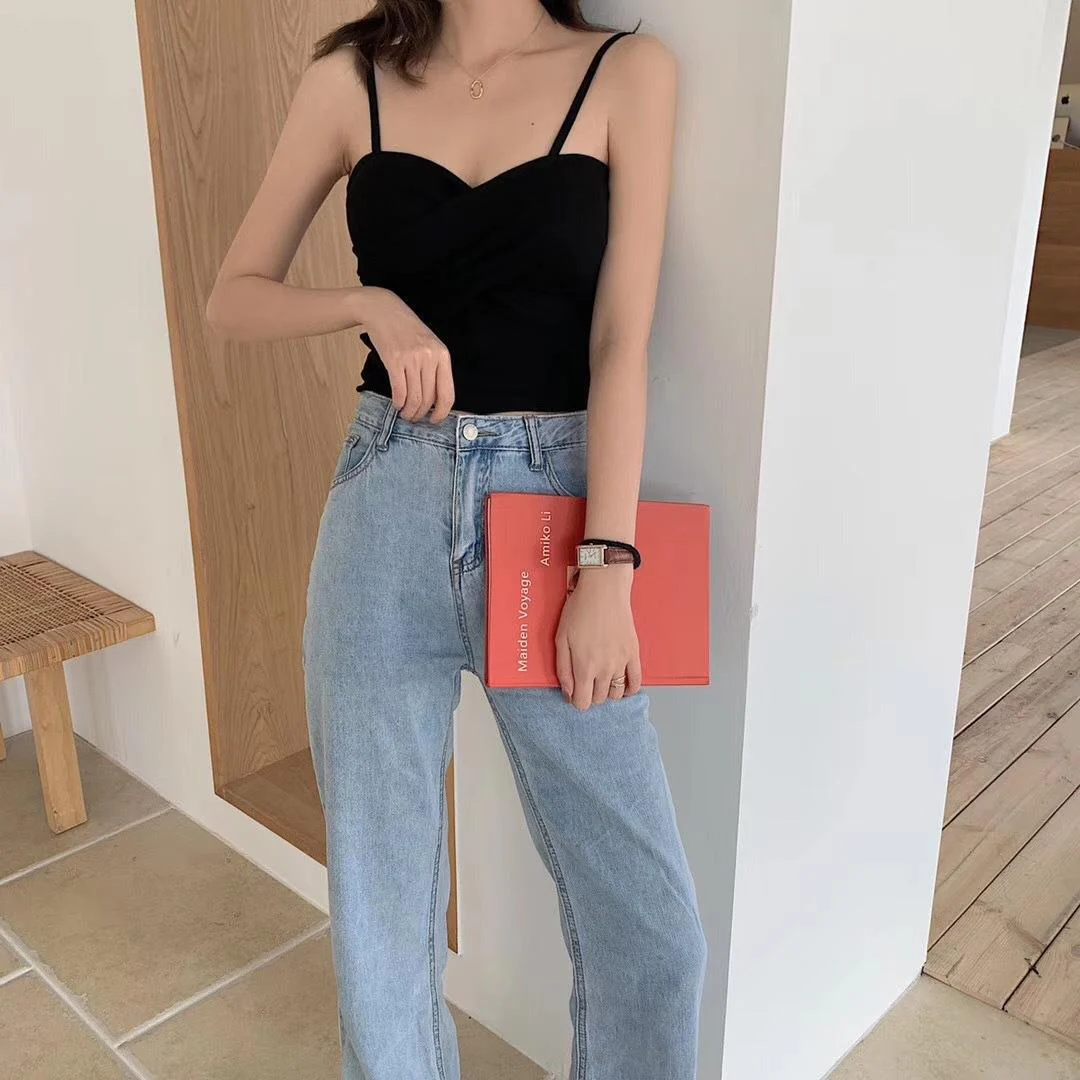 New cotton thread camisole solid color with chest pads FD - Image 76