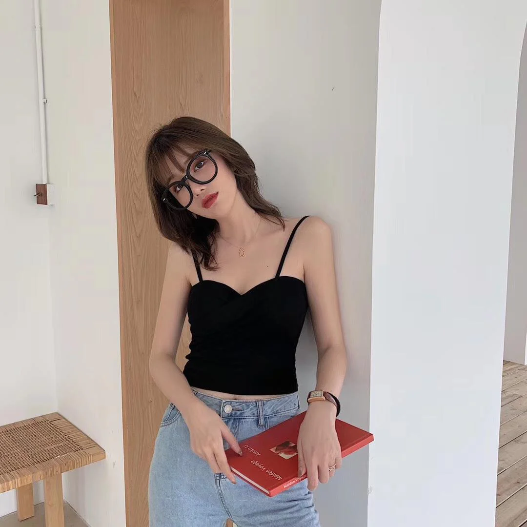 New cotton thread camisole solid color with chest pads FD - Image 77