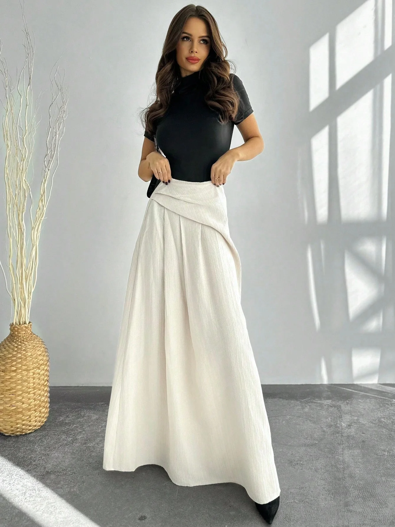 New Elegant High Waist Women's Pleated A-Line Maxi Skirt, Apricot Color FD