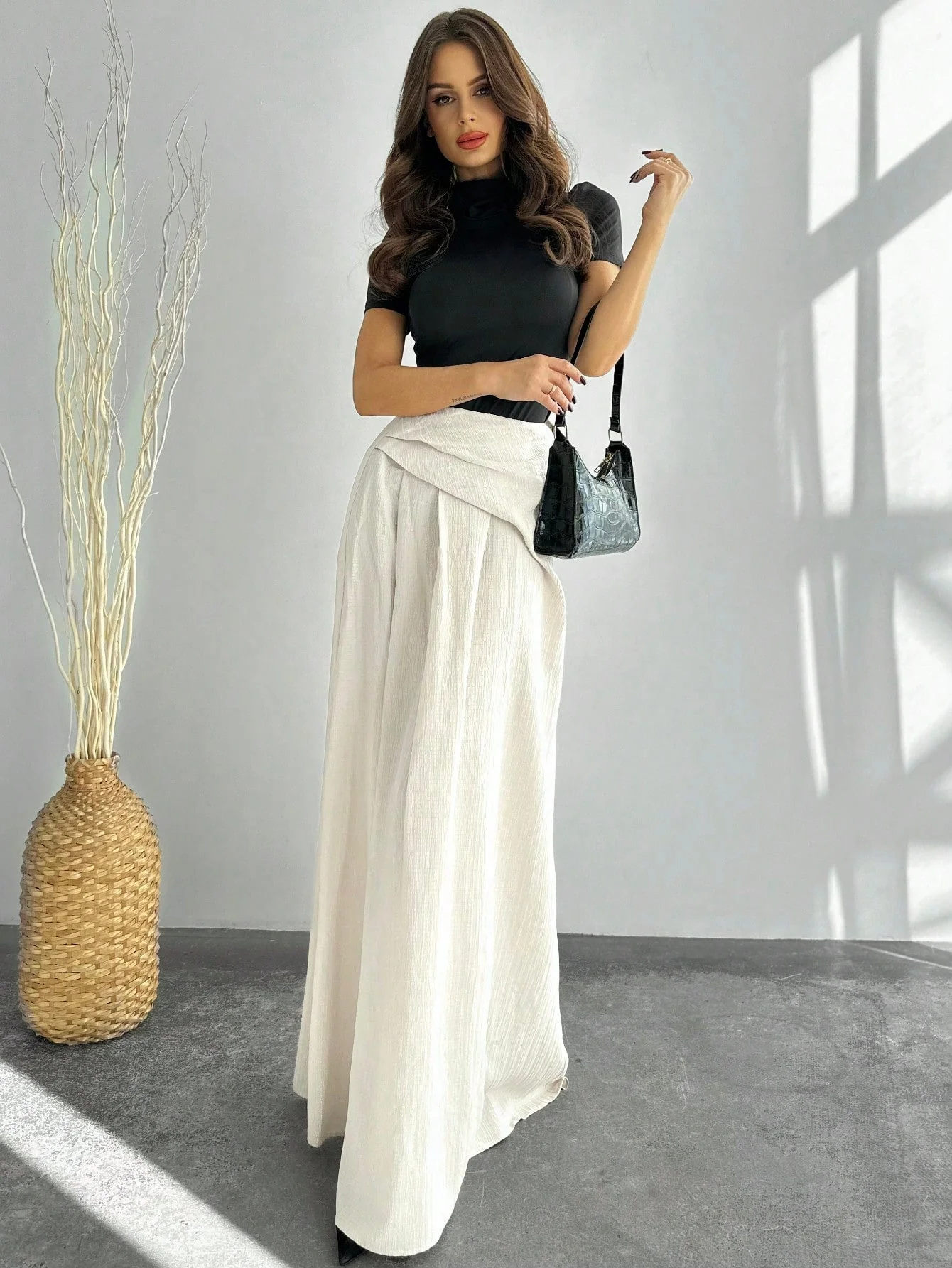 New Elegant High Waist Women's Pleated A-Line Maxi Skirt, Apricot Color FD - Image 3