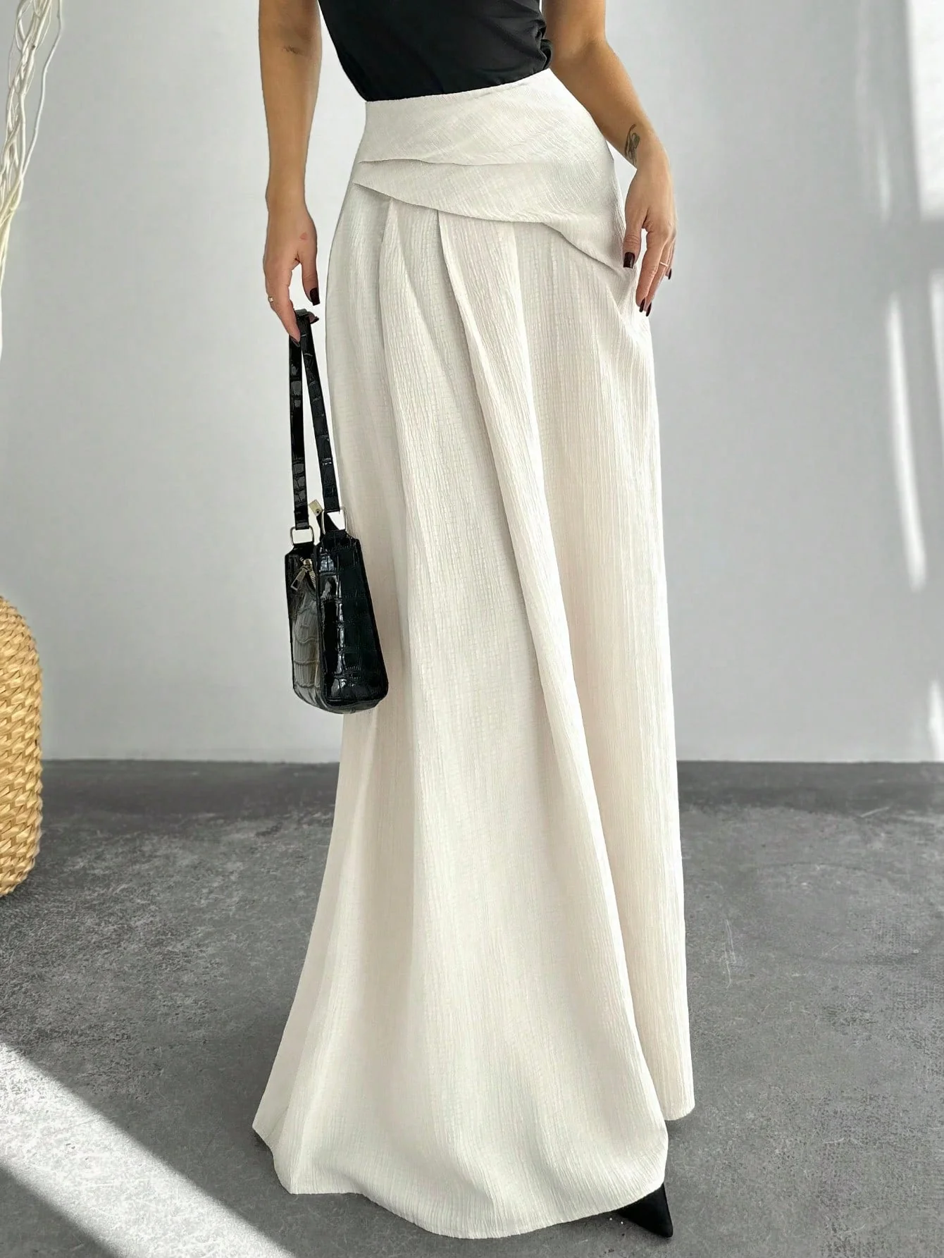 New Elegant High Waist Women's Pleated A-Line Maxi Skirt, Apricot Color FD - Image 4