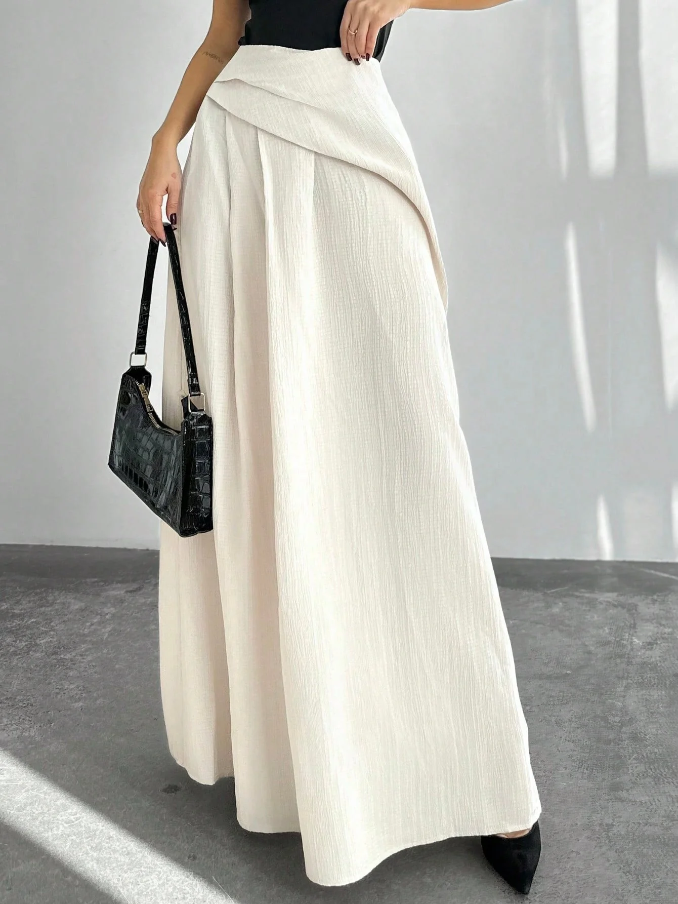 New Elegant High Waist Women's Pleated A-Line Maxi Skirt, Apricot Color FD - Image 5