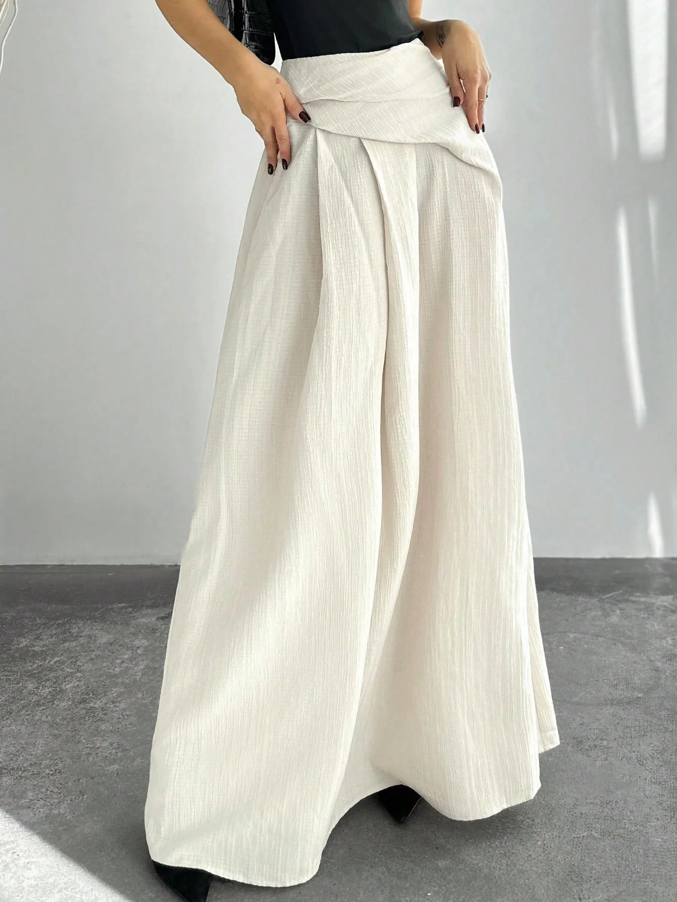 New Elegant High Waist Women's Pleated A-Line Maxi Skirt, Apricot Color FD - Image 6