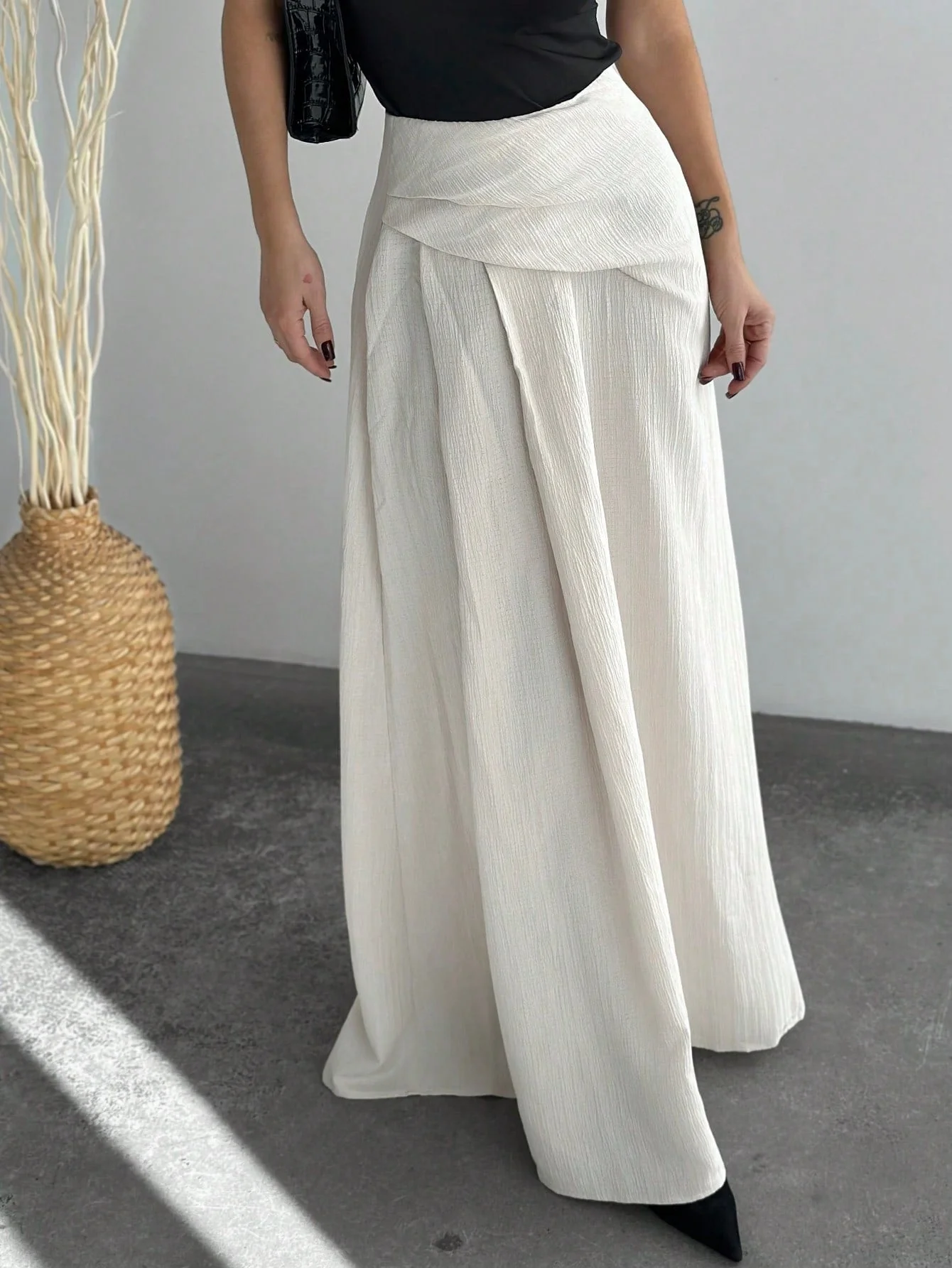 New Elegant High Waist Women's Pleated A-Line Maxi Skirt, Apricot Color FD - Image 7