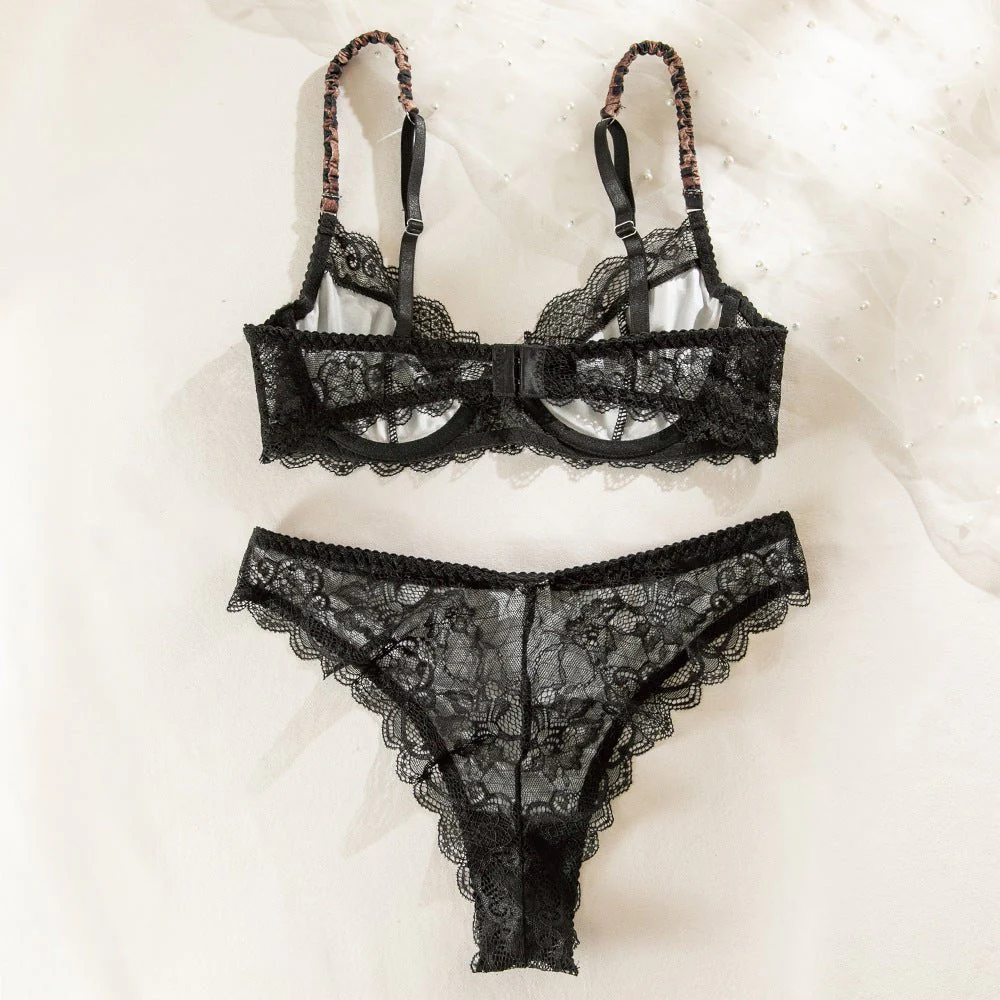 New lace stitching leopard print steel ring gathered French breathable bra set FD - Image 15