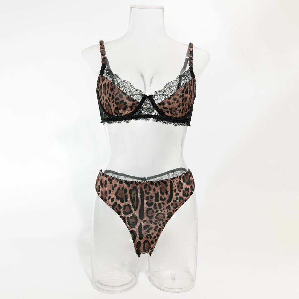 New lace stitching leopard print steel ring gathered French breathable bra set FD - Image 16