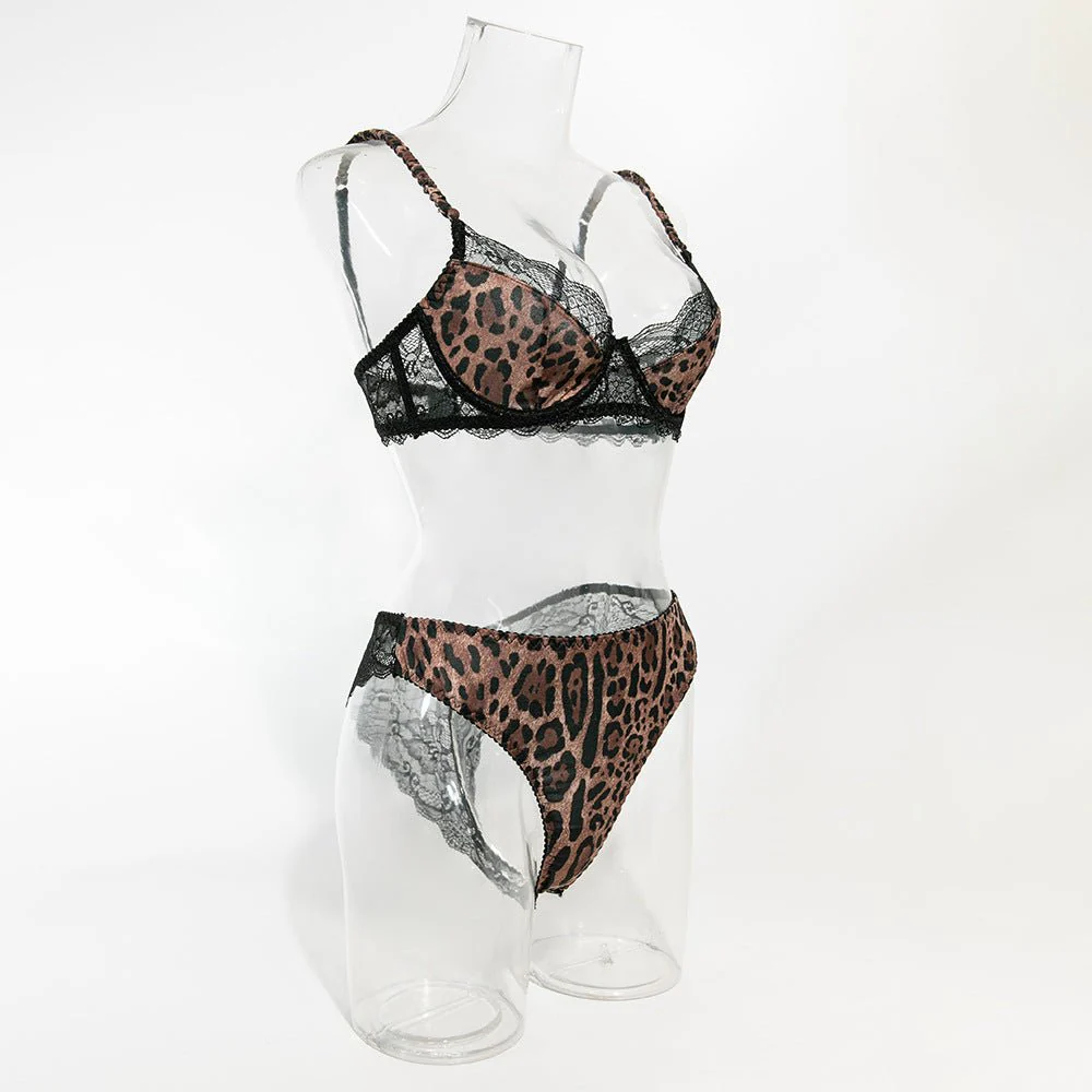New lace stitching leopard print steel ring gathered French breathable bra set FD - Image 17