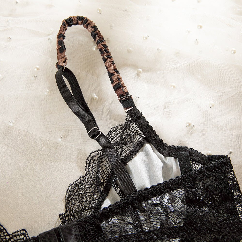 New lace stitching leopard print steel ring gathered French breathable bra set FD - Image 22