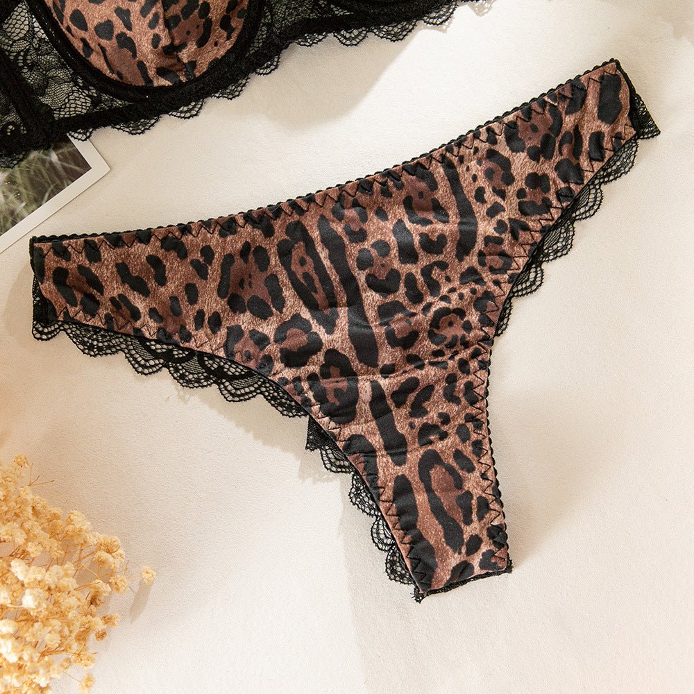 New lace stitching leopard print steel ring gathered French breathable bra set FD - Image 23