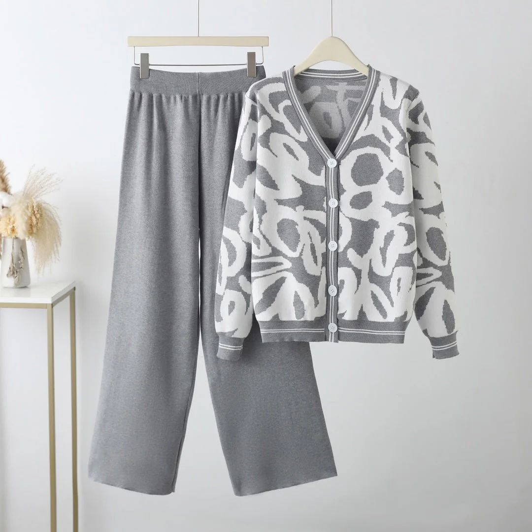New leopard print cardigan knitted jacket sweater high waist pants two-piece set