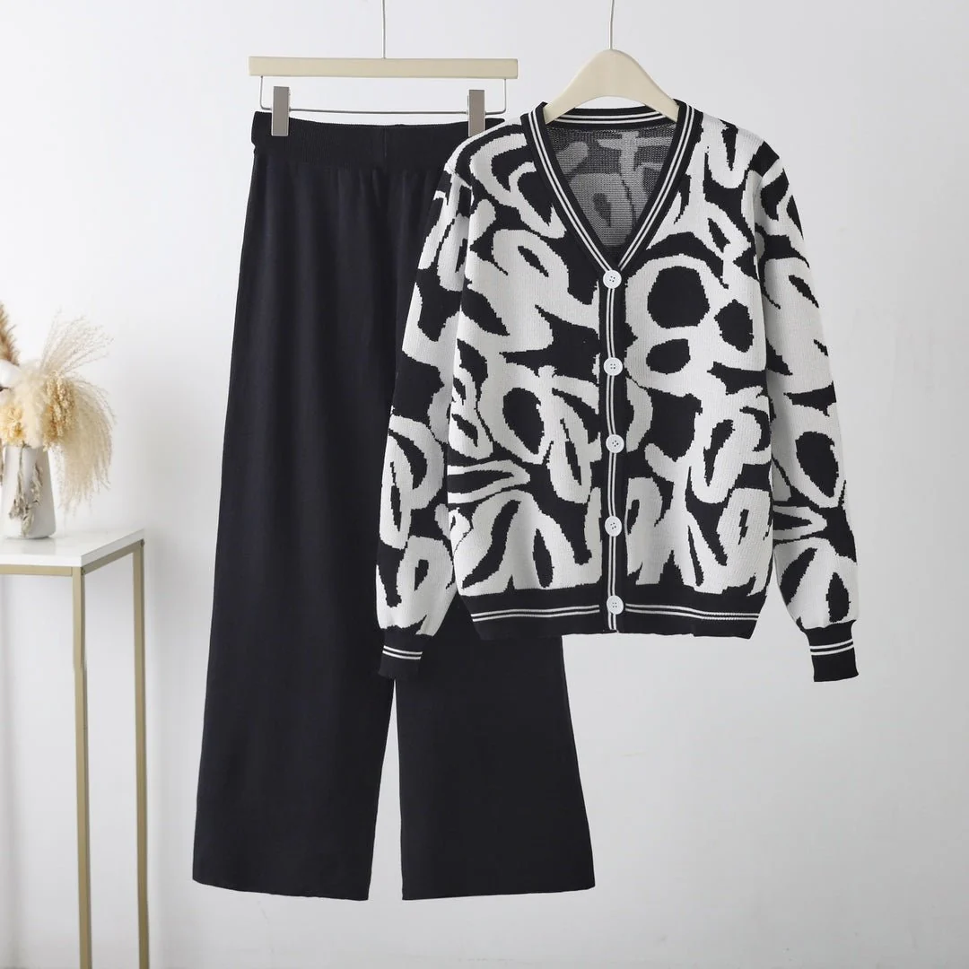 New leopard print cardigan knitted jacket sweater high waist pants two-piece set - Image 2