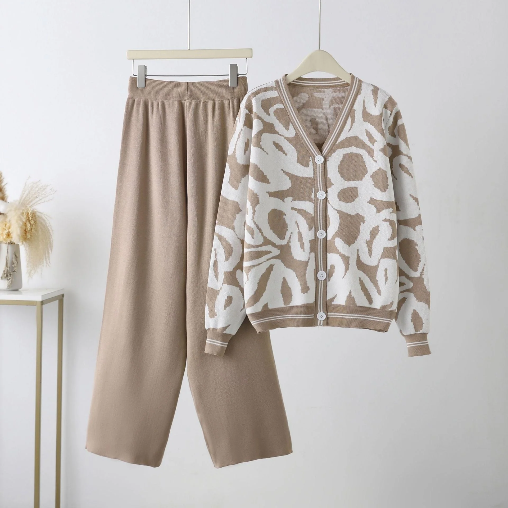 New leopard print cardigan knitted jacket sweater high waist pants two-piece set - Image 3