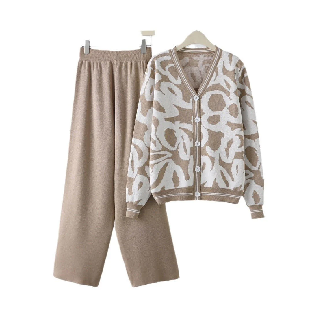 New leopard print cardigan knitted jacket sweater high waist pants two-piece set - Image 5