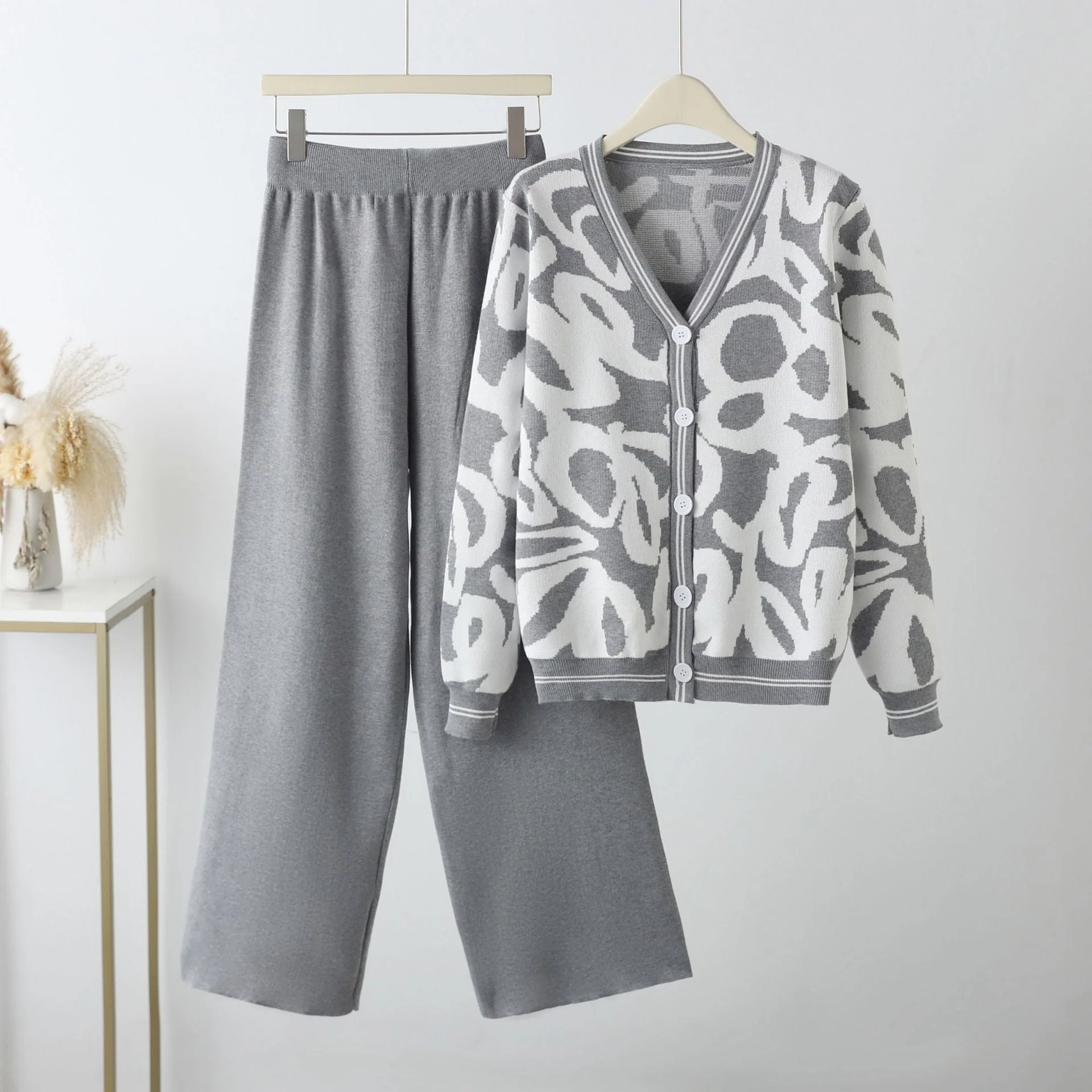 New leopard print cardigan knitted jacket sweater high waist pants two-piece set - Image 6
