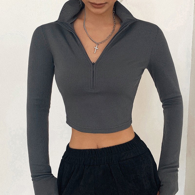 New long-sleeved zipper half-open collar exposed navel all-match slim T-shirt FD - Image 4