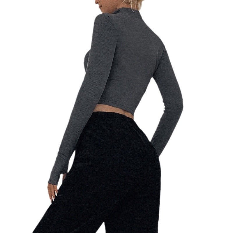 New long-sleeved zipper half-open collar exposed navel all-match slim T-shirt FD - Image 7