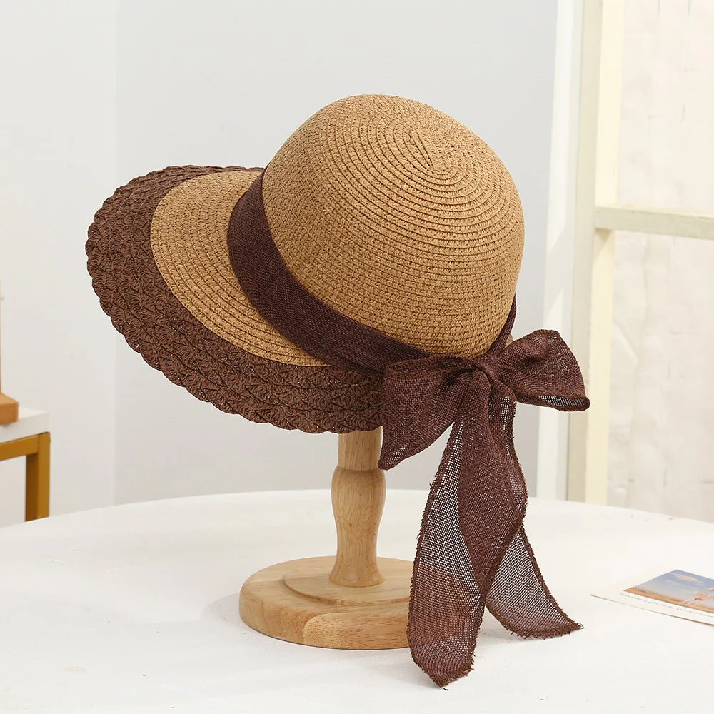New straw hat for women on seaside vacation with bow ribbon sun hat with opening at the back of the head for ponytail sun hat - Image 3