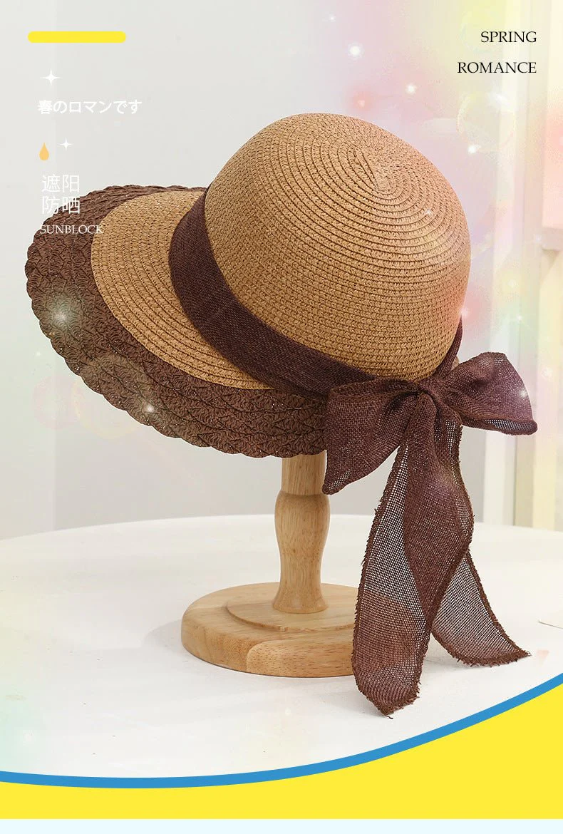 New straw hat for women on seaside vacation with bow ribbon sun hat with opening at the back of the head for ponytail sun hat - Image 6