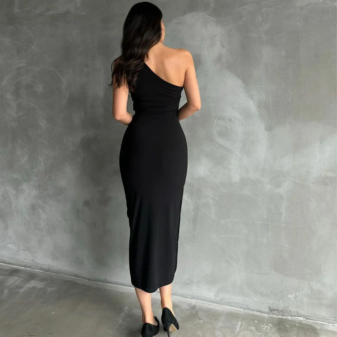 New style oblique shoulder solid color slit sleeveless party dress FD - Image 12