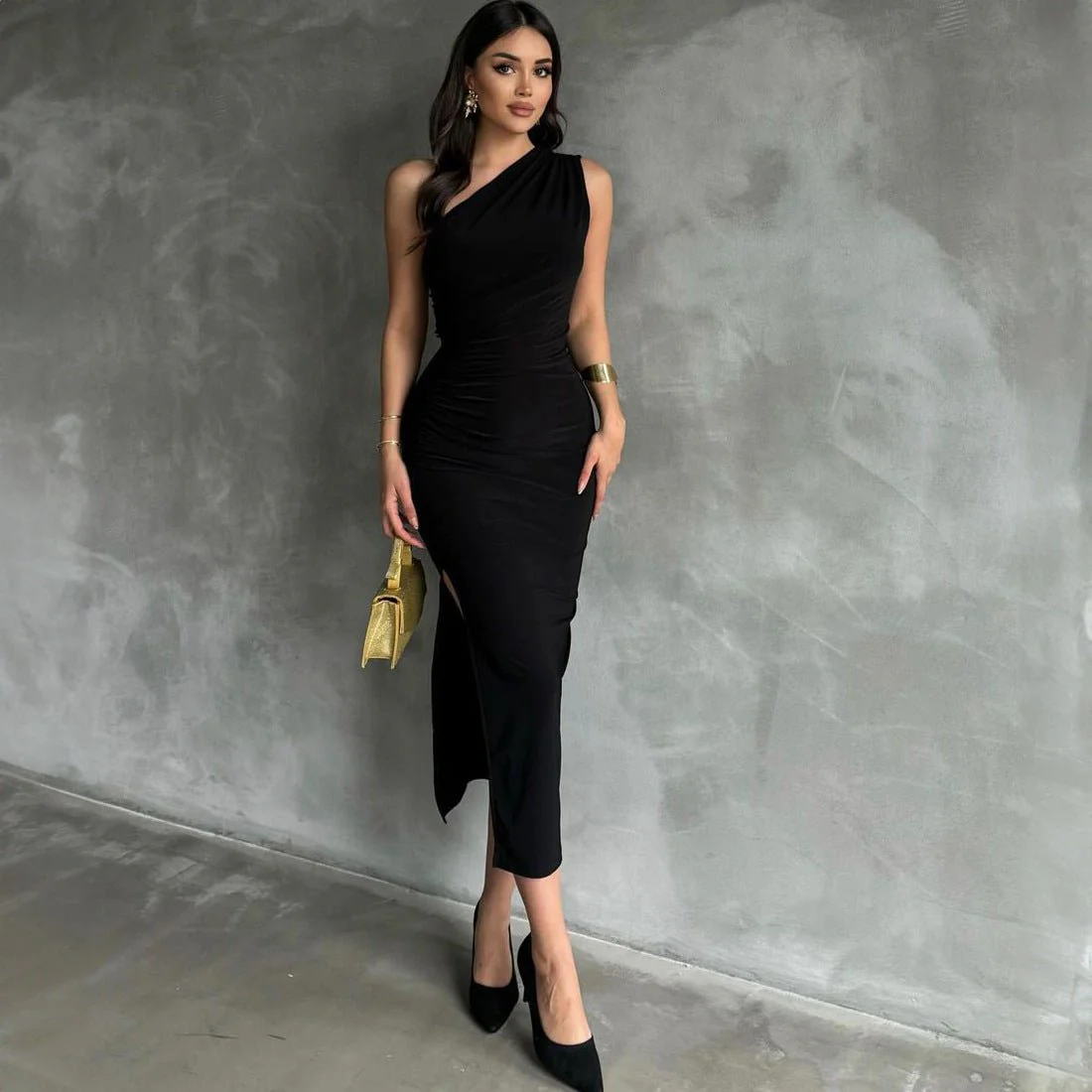 New style oblique shoulder solid color slit sleeveless party dress FD - Image 15