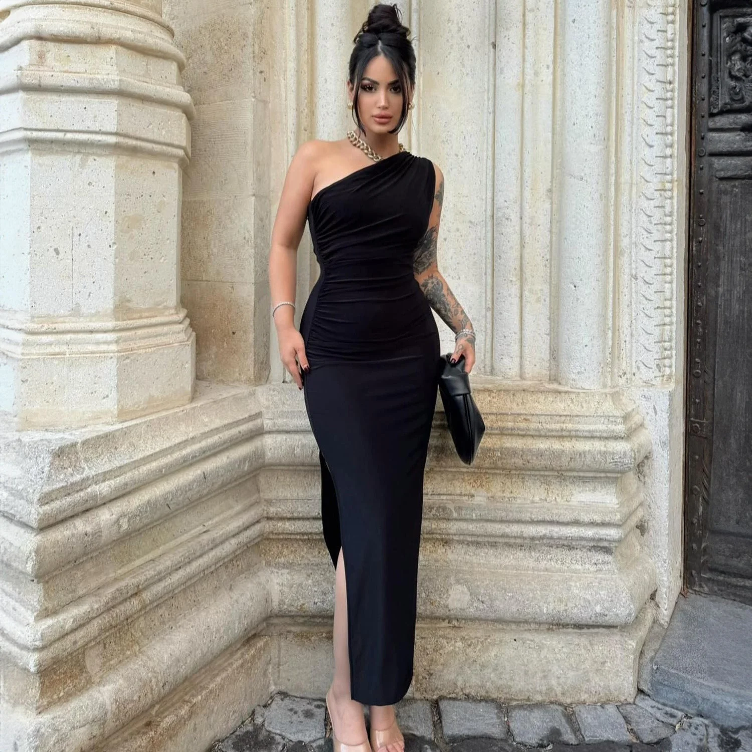 New style oblique shoulder solid color slit sleeveless party dress FD - Image 18