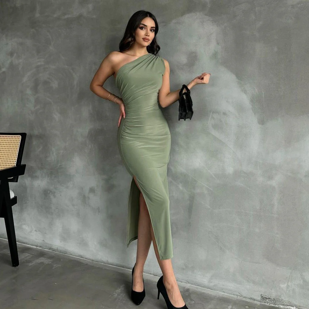 New style oblique shoulder solid color slit sleeveless party dress FD - Image 25