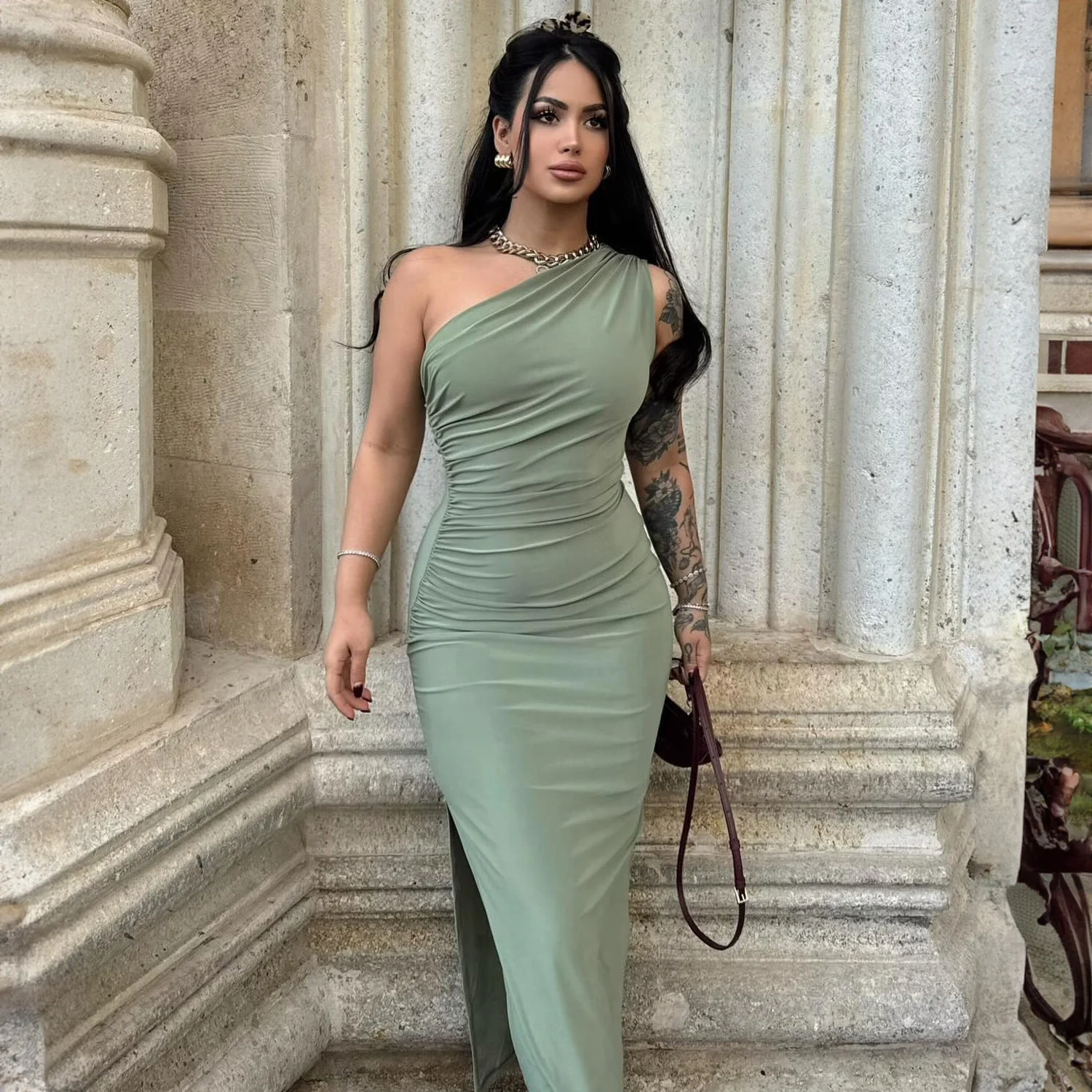 New style oblique shoulder solid color slit sleeveless party dress FD - Image 27