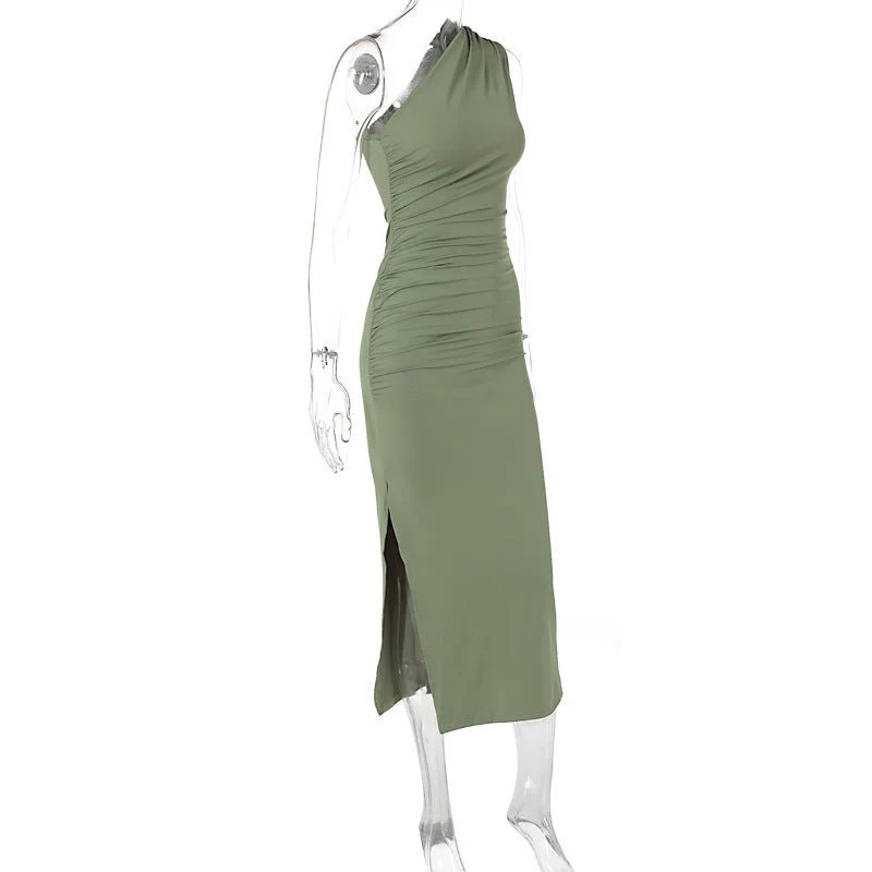 New style oblique shoulder solid color slit sleeveless party dress FD - Image 31