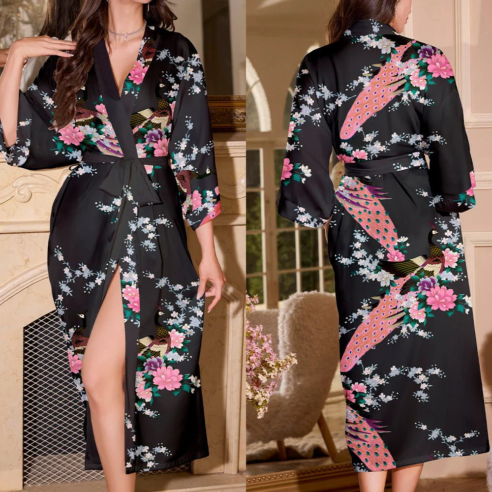new summer ice silk nightgown peacock print thin cardigan nightgown women's loungewear WP22314 FD - Image 8