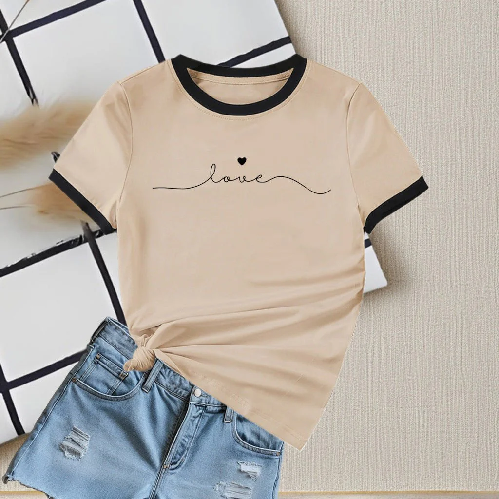 New summer round neck contrasting color matching short-sleeved casual slim-fit women's T-shirt versatile top - Image 3
