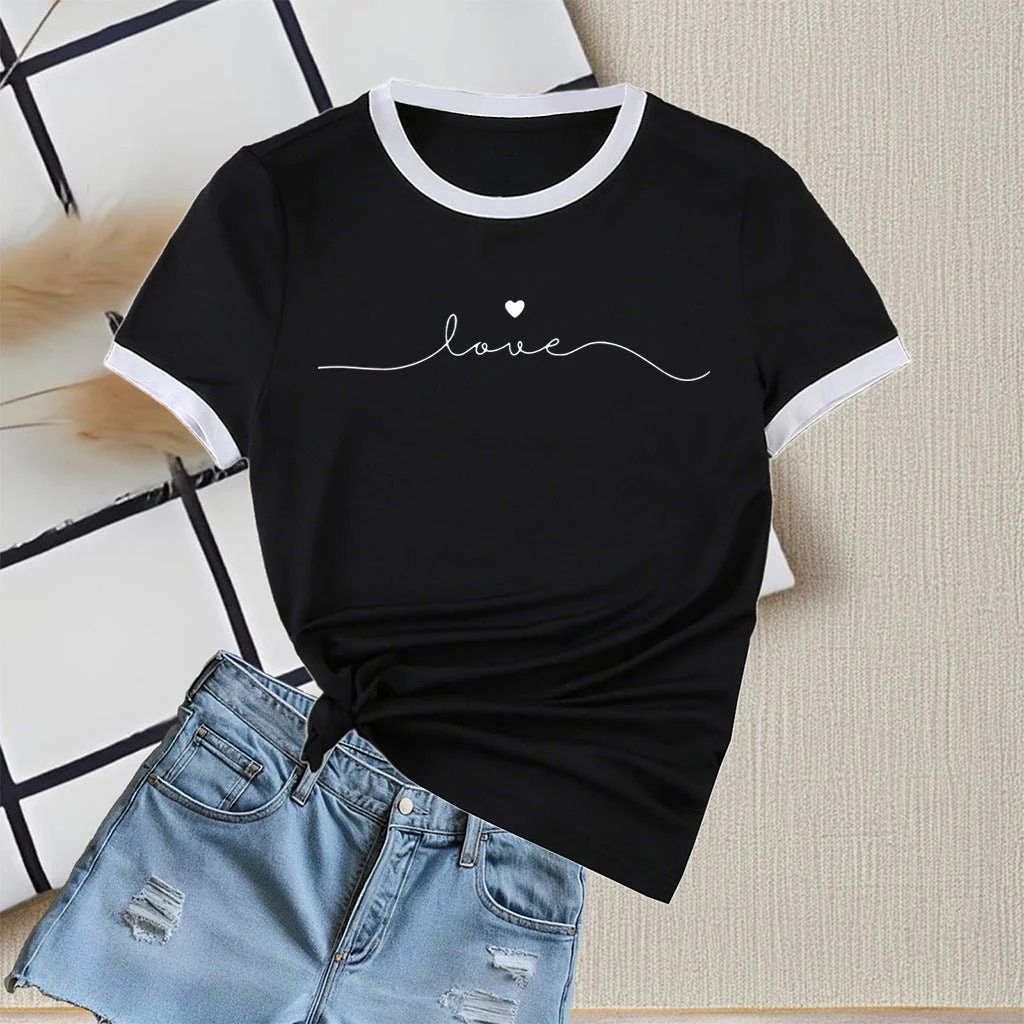 New summer round neck contrasting color matching short-sleeved casual slim-fit women's T-shirt versatile top - Image 6