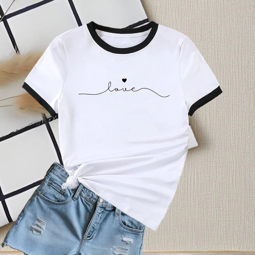 New summer round neck contrasting color matching short-sleeved casual slim-fit women's T-shirt versatile top - Image 7