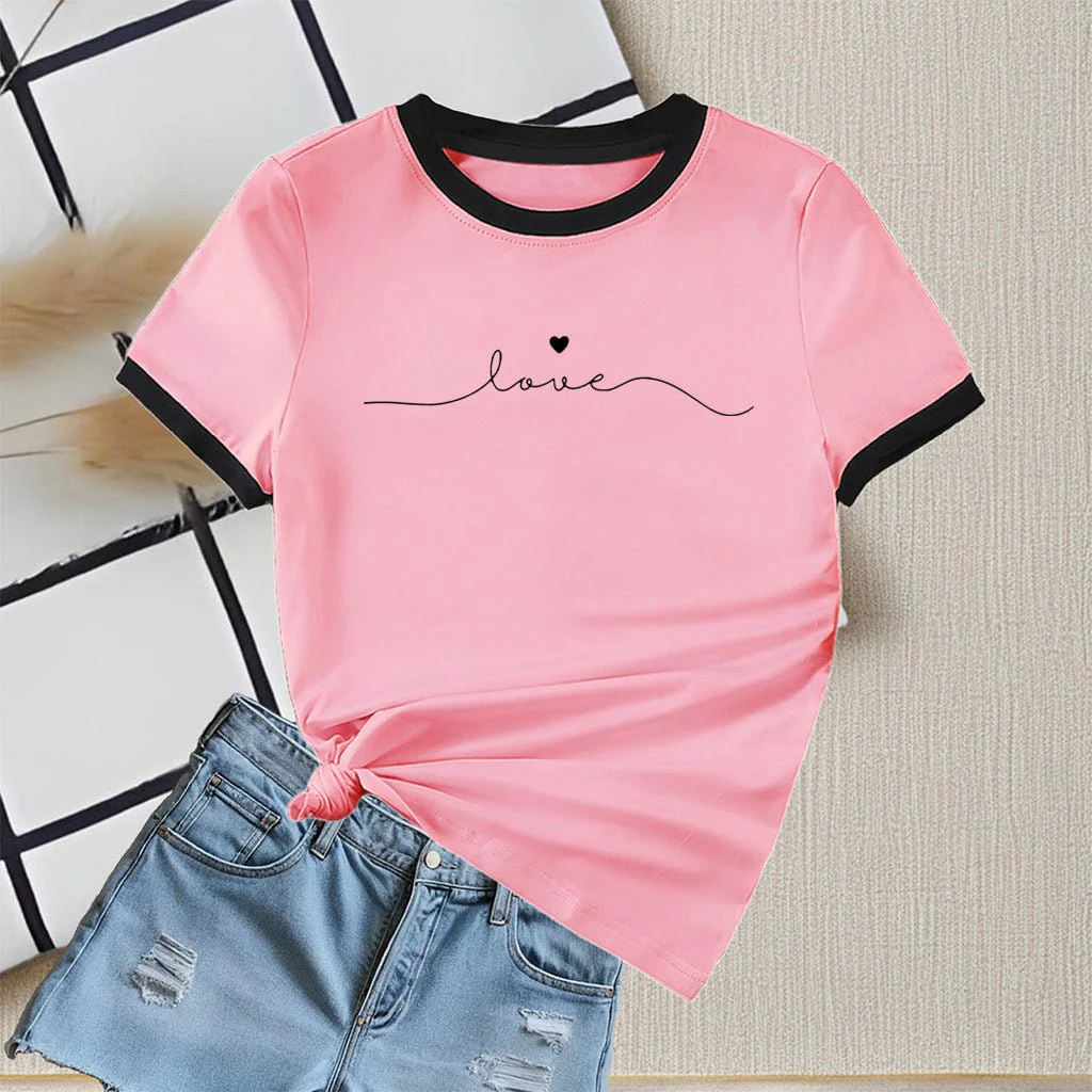 New summer round neck contrasting color matching short-sleeved casual slim-fit women's T-shirt versatile top - Image 9