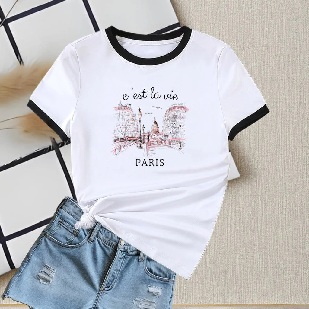 New summer round neck contrasting color matching short-sleeved casual slim-fit women's T-shirt versatile top  FD