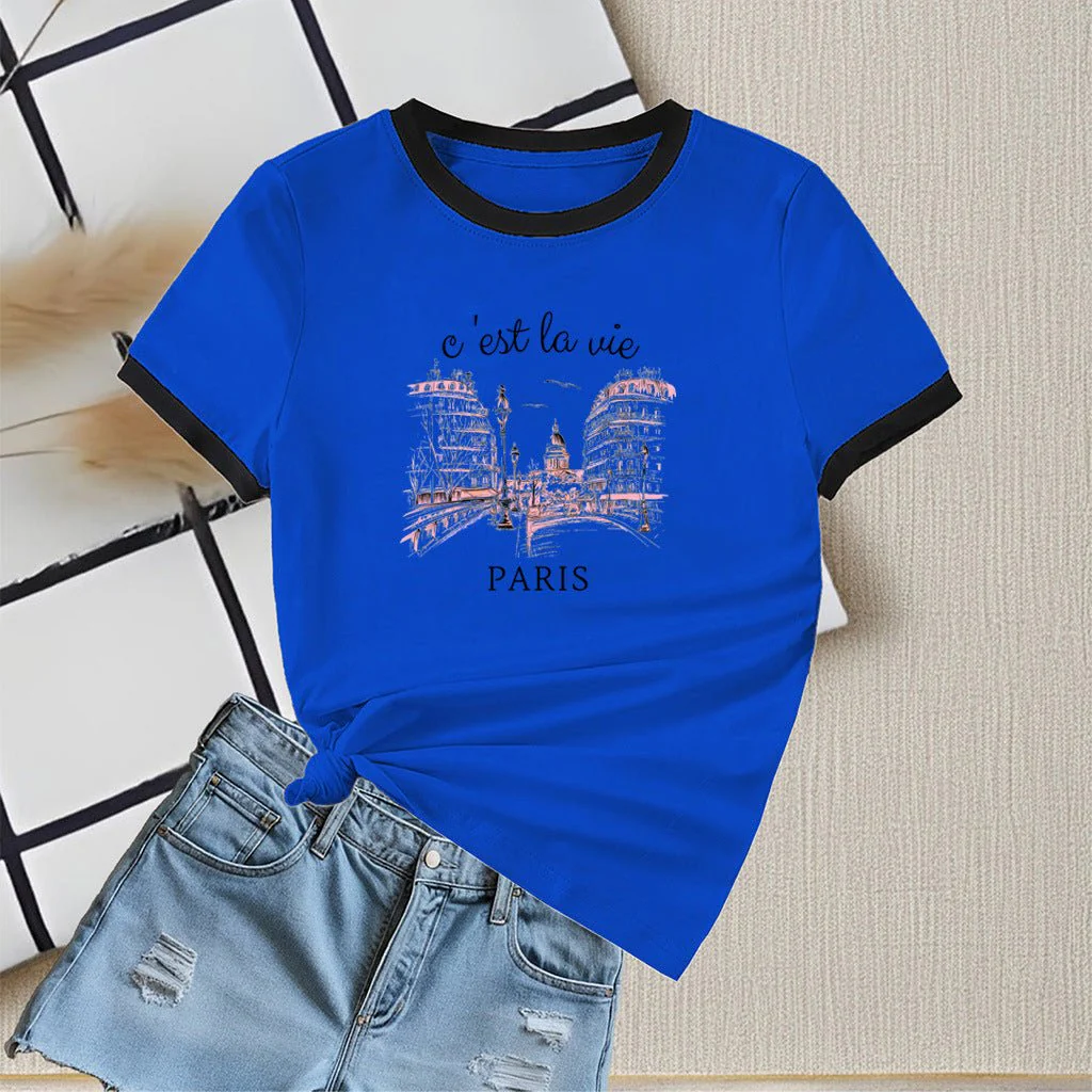 New summer round neck contrasting color matching short-sleeved casual slim-fit women's T-shirt versatile top  FD - Image 10