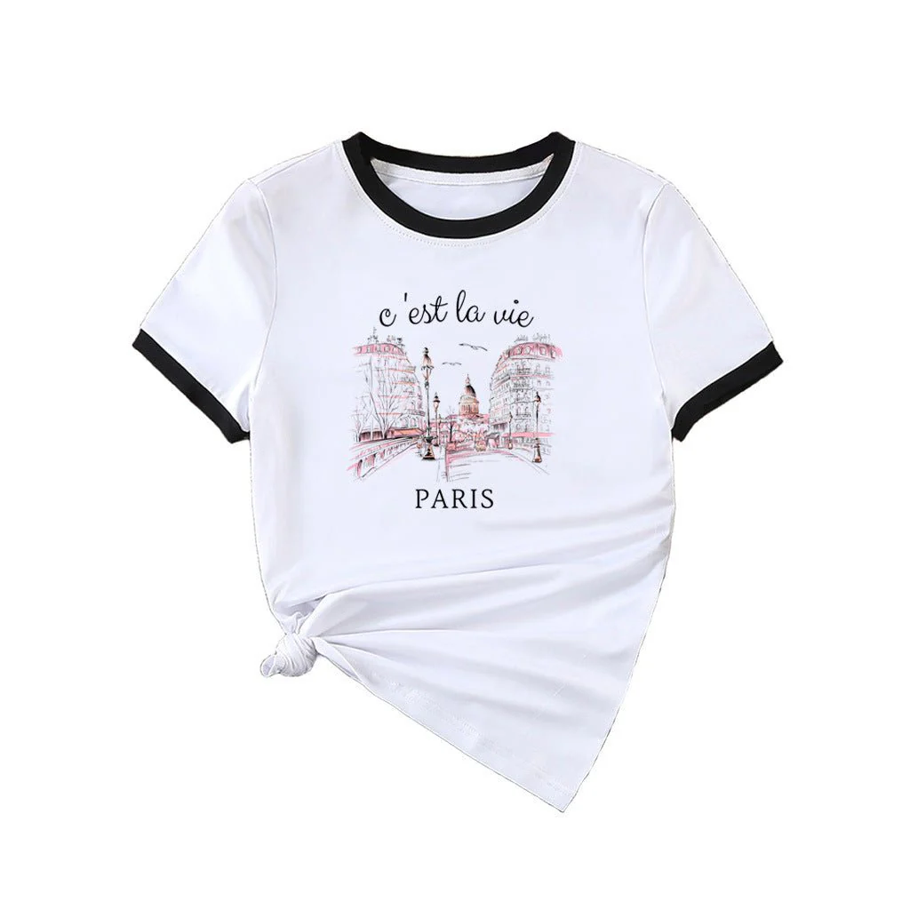 New summer round neck contrasting color matching short-sleeved casual slim-fit women's T-shirt versatile top  FD - Image 5