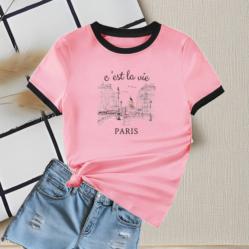 New summer round neck contrasting color matching short-sleeved casual slim-fit women's T-shirt versatile top  FD - Image 7