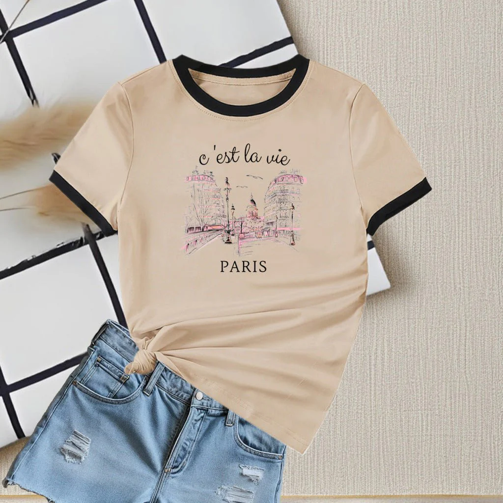 New summer round neck contrasting color matching short-sleeved casual slim-fit women's T-shirt versatile top  FD - Image 8