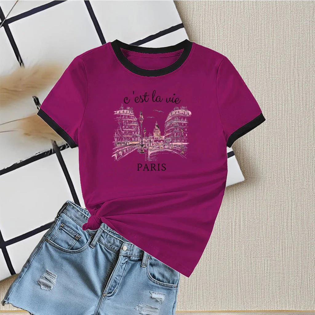 New summer round neck contrasting color matching short-sleeved casual slim-fit women's T-shirt versatile top  FD - Image 9