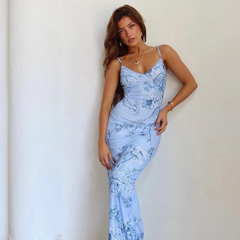New summer women's long skirt holiday style slim print design sling dress FD - Image 2