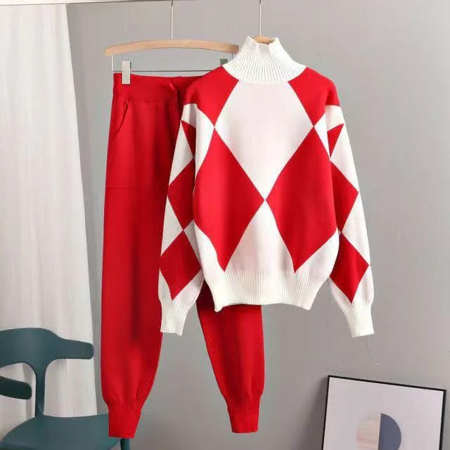 New two-piece women's sweater sportswear winter turtleneck jumper top knitted Harlan pants suit women - Image 2